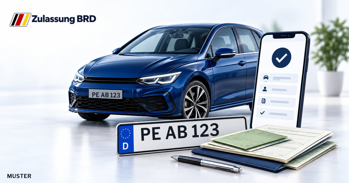 Online Fahrzeugzulassung in Landkreis Peine: Musterkennzeichen PE AB 123, Auto und Fahrzeugpapiere und Smartphone. Illustration mit Logo von Zulassung BRD.
